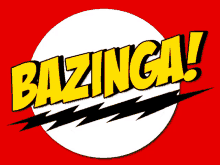 a red background with a white circle and the words bazinga