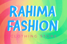 rahima fashion clothing store is advertised on a colorful swirl background