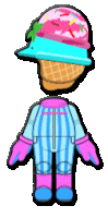 a cartoon drawing of a person wearing a striped outfit and a ice cream cone on their head .