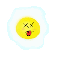 a cartoon drawing of a dead egg with a tongue sticking out and crossed eyes