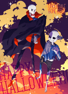 two skeletons standing next to each other with the words " happy halloween " on the bottom right