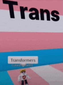 a cartoon character is standing in front of a transgender flag