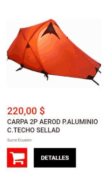 a picture of an orange tent with the price of 220.00 dollars