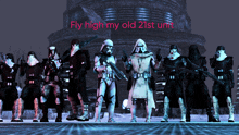 a group of stormtroopers standing in front of a building with the words fly high my old 21st unit