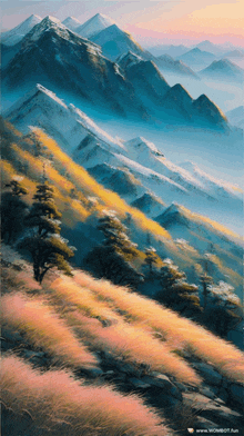 a painting of a mountain range with the website www.wombbot.com written on the bottom