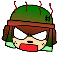 a cartoon character with a green helmet and a # on his head