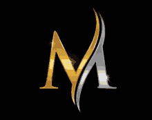 a gold and silver letter m on a black background