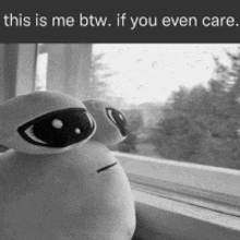 a black and white photo of a stuffed animal looking out a window with the caption " this is me btw if you even care "