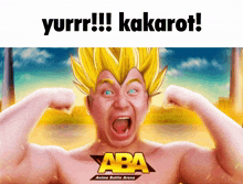 an advertisement for aba anime battle arena shows a man with a yellow haircut