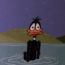 a cartoon duck is standing in a body of water looking at the camera .