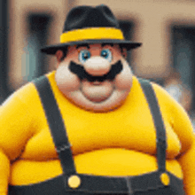 a fat cartoon character wearing a hat and suspenders is smiling .