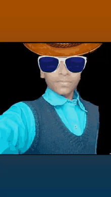 a young man wearing sunglasses and a cowboy hat takes a selfie .