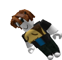 a roblox character with a smiley face on his shirt is flying through the air