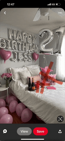 a bedroom decorated for a 21st birthday with balloons and flowers