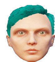 a man with blue hair and green eyes looks at the camera