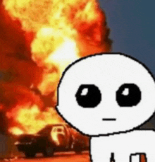 a cartoon character is standing in front of a burning car and a fire .