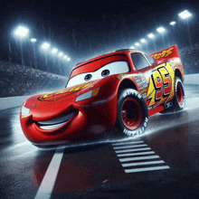 lightning mcqueen from the movie cars is driving on a track