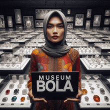 a woman in a hijab holding a sign that says museum bola