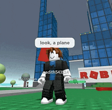 a roblox character says look a plane in front of a large building