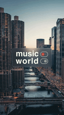 a sign that says music world on it in front of a cityscape