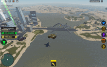 a screenshot of a video game shows a tank flying over a bridge