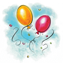 a cartoon drawing of two balloons and confetti flying in the air .