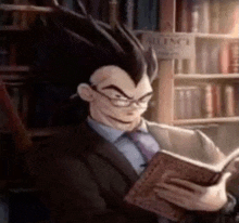 a man in a suit and tie is reading a book .