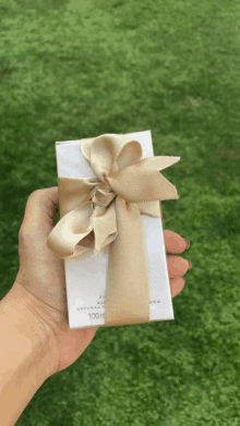 a hand holding a white box with a gold bow on it