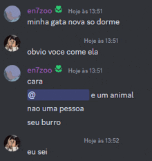 a screenshot of a text conversation between en7zoo and minha gata nova so dorme