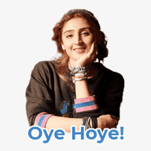 a woman with her hand on her face and the words oye hoye behind her