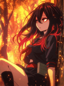 a girl with black hair and red highlights leaning against a tree