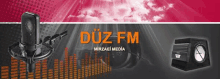 a poster for düz fm mirzaei media with a microphone and a speaker