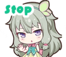 a cartoon girl with a flower in her hair is holding her hands up and says stop .