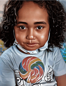 a young girl wearing a mask and a shirt with a lollipop on it looks at the camera