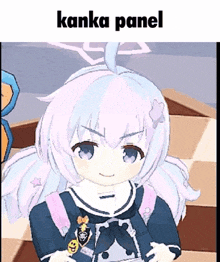 a cartoon girl with white hair and the words kanka panel on the top