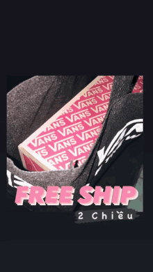 a black bag filled with vans boxes and the words free ship