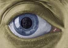 a drawing of a blue eye with a skull in the center