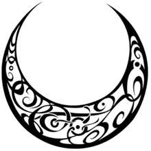 a black and white image of a crescent moon with swirls on it