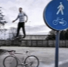 a man is standing on a skateboard next to a sign that says bicycles