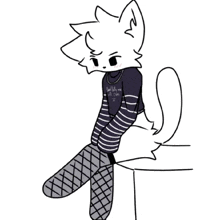 a black and white drawing of a cat wearing a striped shirt and fishnet socks .