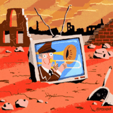 a cartoon of a man playing a trombone on a tv