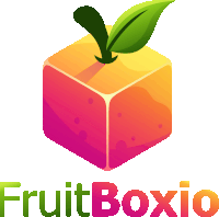 a colorful logo for fruitboxio with a cube with a green leaf on top