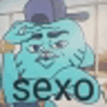 a cartoon character is holding a skateboard and the word sexo is written on it .