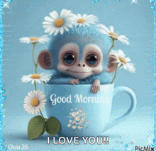 a picture of a monkey in a cup that says " good morning "