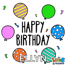 a drawing of balloons that says happy birthday ellyn lucas and friends