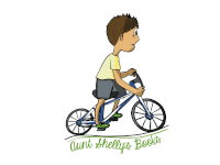 a cartoon of a boy riding a bike with aunt shelly 's books below him