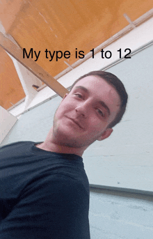 a man in a black shirt stands in front of a wooden ceiling and says my type is 1 to 12