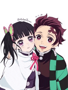 a boy and a girl from demon slayer are standing next to each other .