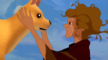 a cartoon of a girl petting a yellow dog