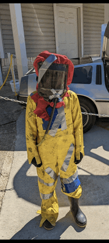 a person wearing a yellow jumpsuit and a helmet